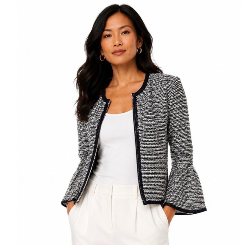 LOFT Navy Blue White Tweed Bell Sleeve Open Front Jacket S Preppy Chic 89-72